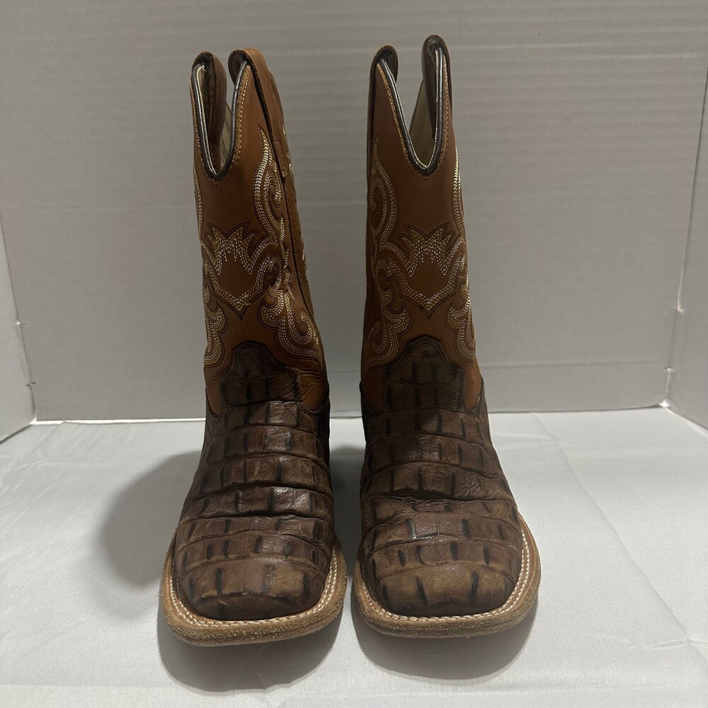 Old West Kids 12.5 D Cowboy Boots Brown Croc Embossed Leather Square Toe